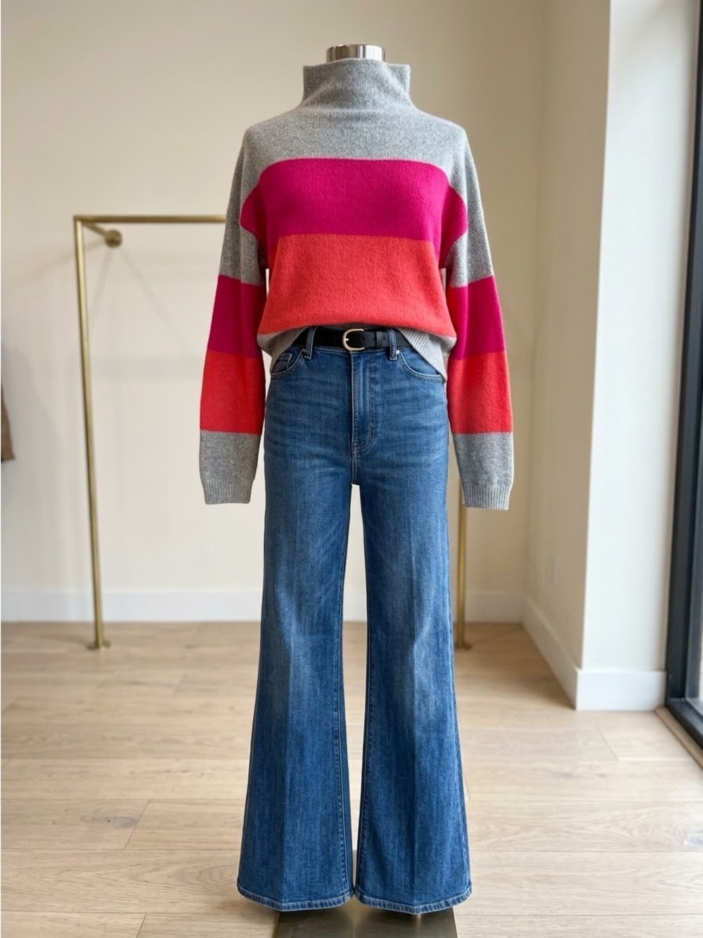 CLICHE Women's Grey, Pink & Red Colorblock Wool Blend High Neck Sweater L